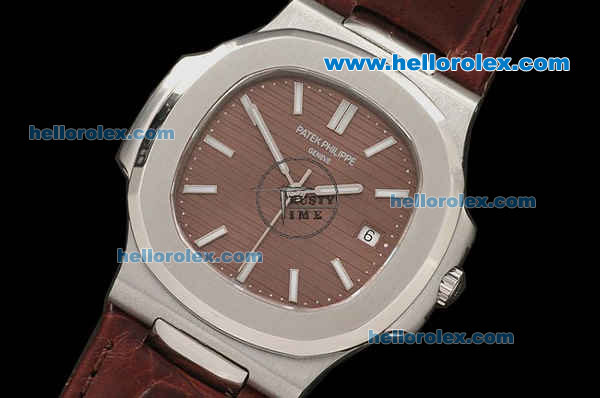 Patek Philippe Nautilus Swiss ETA 2892 Automatic Movement Steel Case with Brown Dial and Brown Leather Strap - Click Image to Close